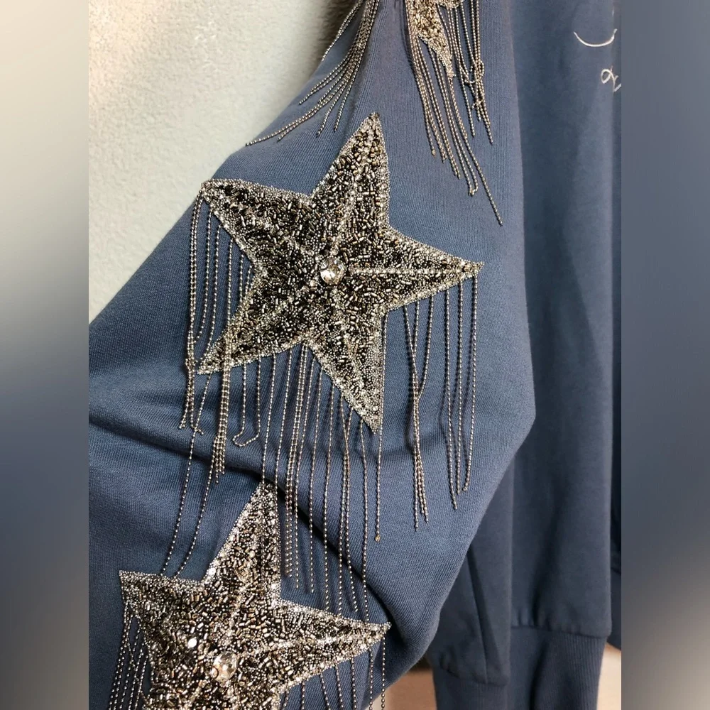 Blue Lucky Star Sweatshirt with Silver Star Accents